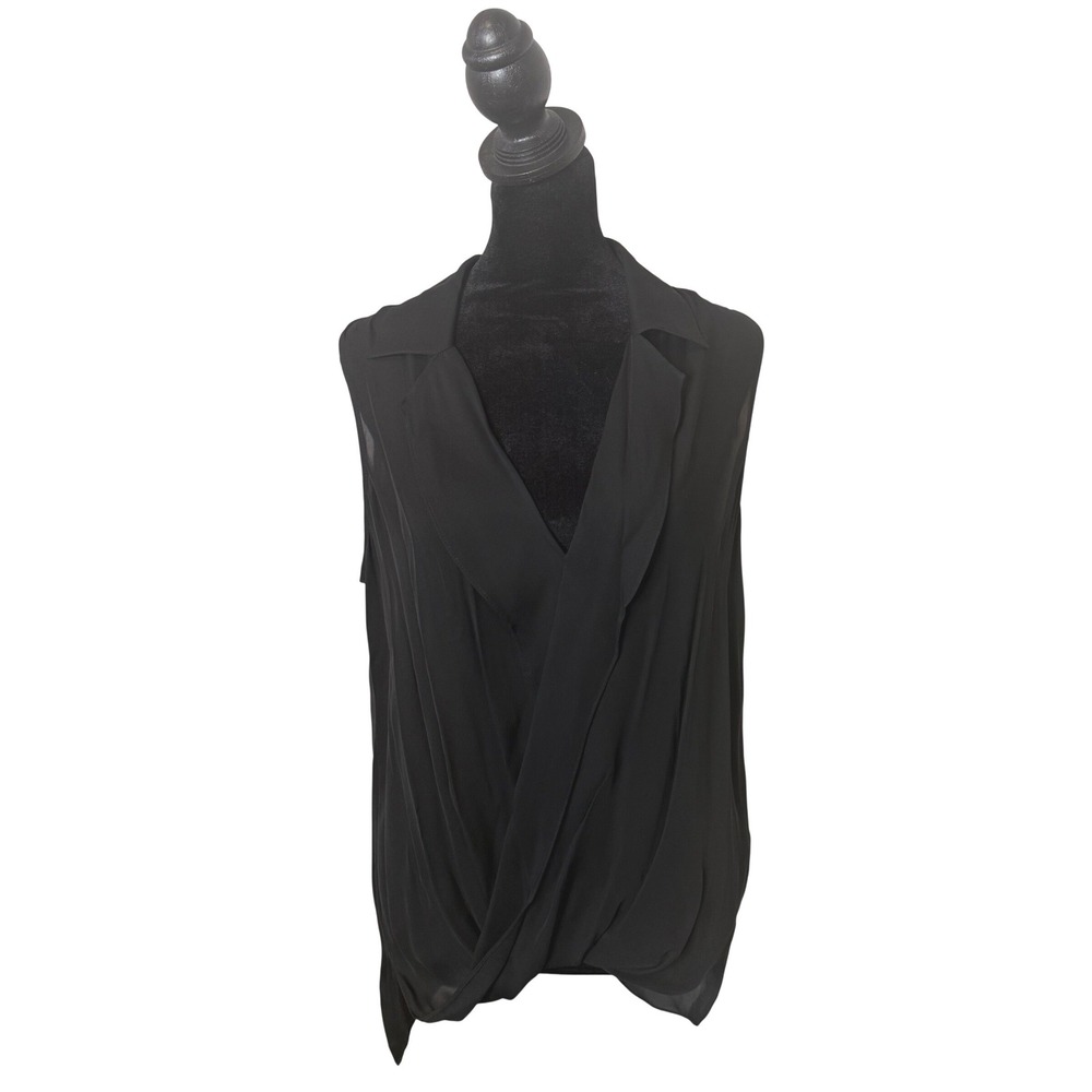 L'AGENCE Sheer Silk Draped Wrap Blouse Womens M Black Sleeveless Minimalist Top‎
